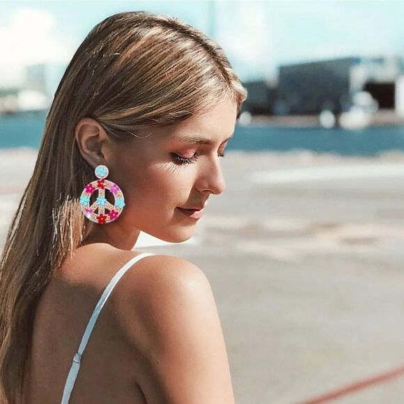 NWT Peace Sign Boho Beaded Dangle Earrings - Picture 2 of 8